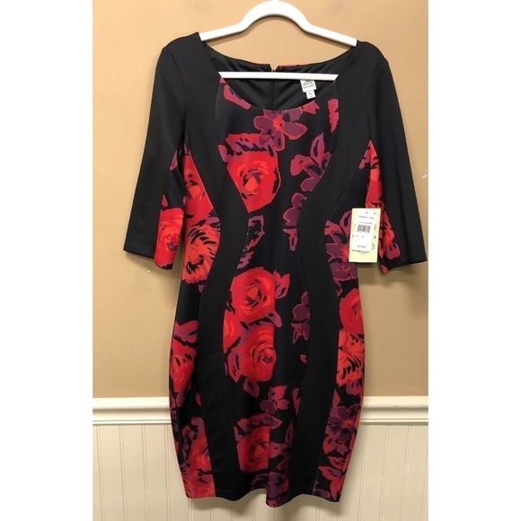 Sangria Black Red Rose Print Dress Half Sleeve Dress Size 8 NWT - Picture 1 of 6
